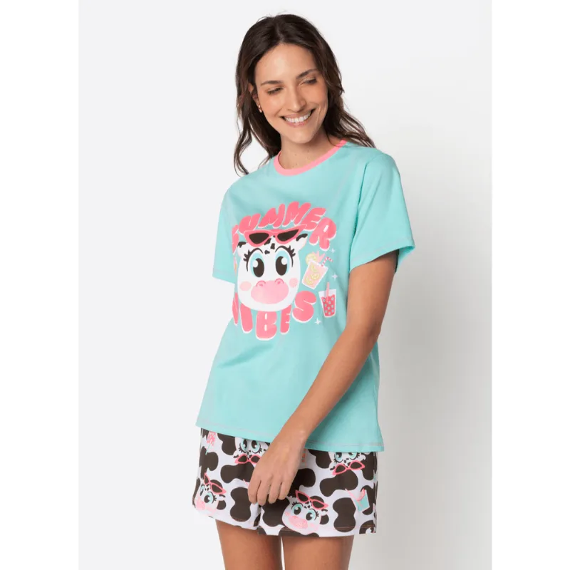 Pijama Manga Curta Algodão Feminino Vaca Summer P
