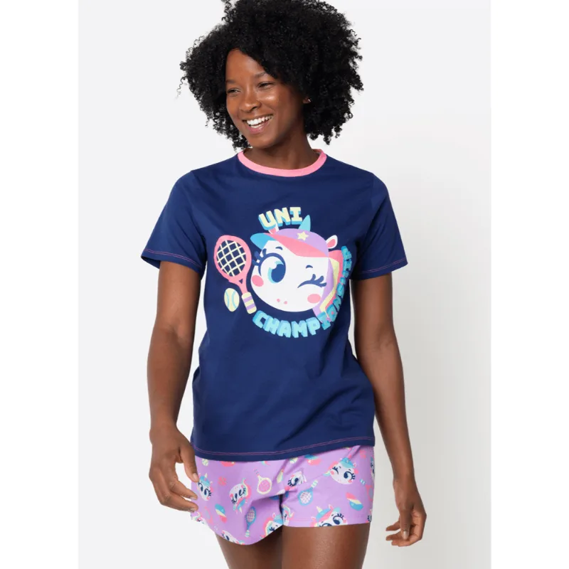 Pijama Manga Curta Algodão Feminino Unicórnio Tênis PP