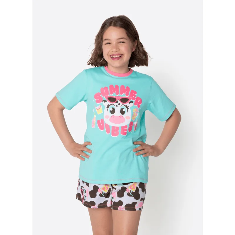Pijama Manga Curta Algodão Menina Teen Vaca Summer 14