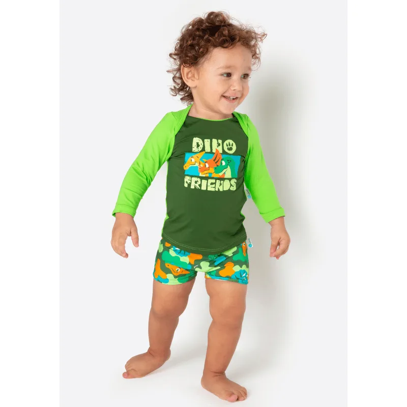 Camiseta Manga Longa com Proteção Solar Bebê Menino Dino Trio 9 A 12 MESES