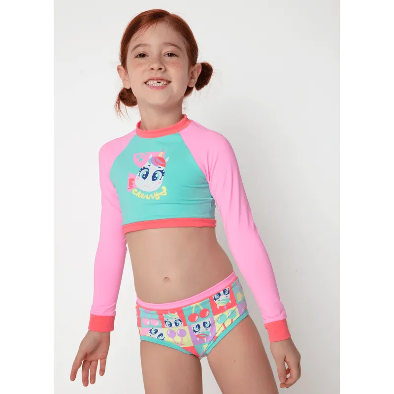 Conjunto Cropped e Calcinha com Proteção Solar Menina Unicórnio Cherry 8