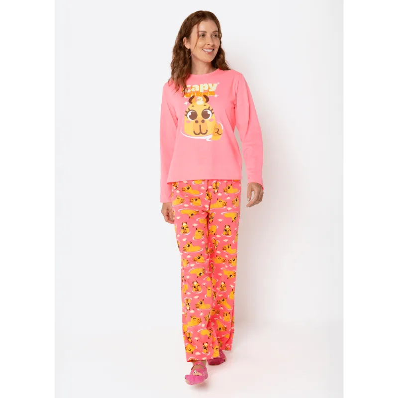 Pijama Manga Longa Algodão Feminino Capivara Vibes PP