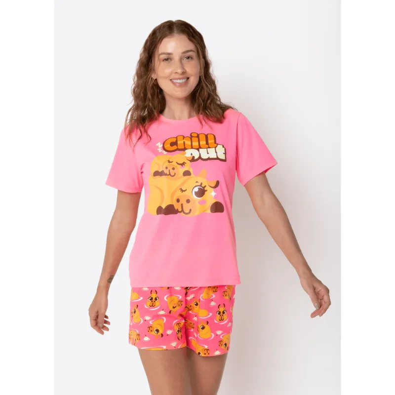 Pijama Manga Curta Algodão Feminino Capivara Vibes GG