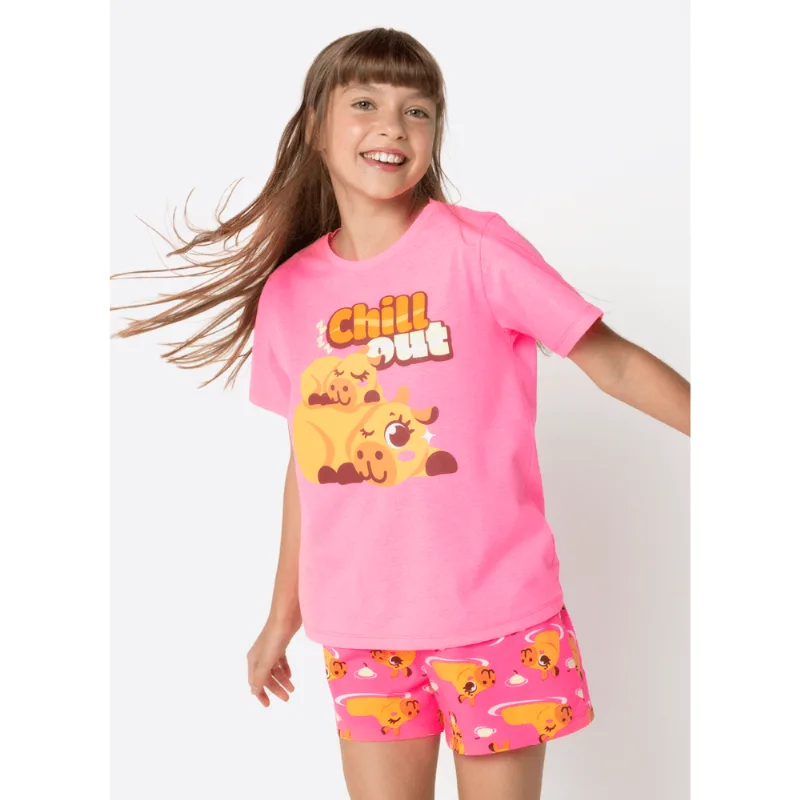 Pijama Manga Curta Algodão Menina Teen Capivara Vibes 12