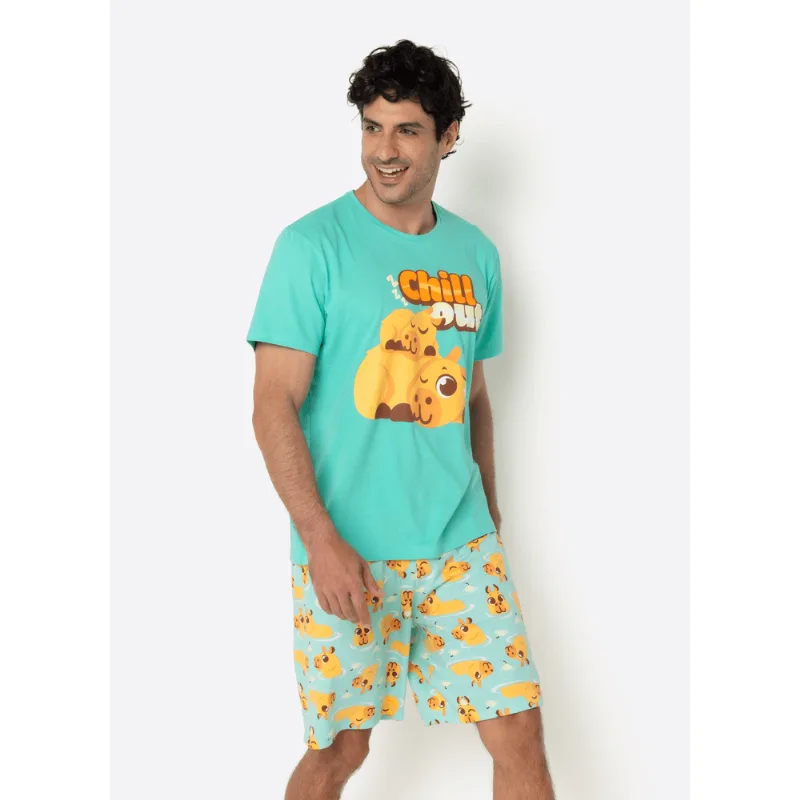 Pijama Manga Curta Algodão Masculino Capivara Vibes PP