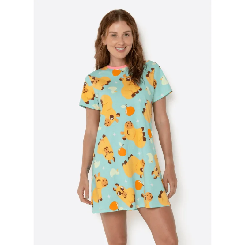 Camisola Manga Curta Algodão Feminina Capivara Vibes M