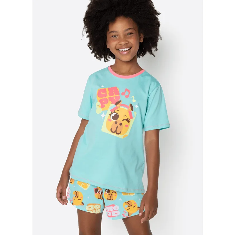 Pijama Manga Curta Algodão Menina Teen Capy Bora 14