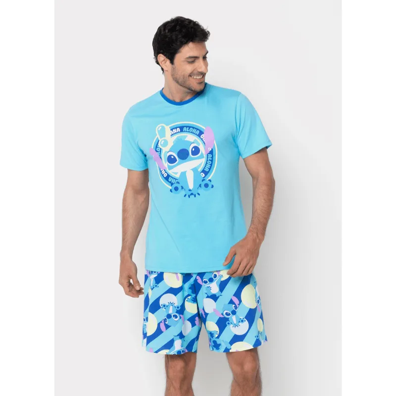 Pijama Manga Curta Algodão Masculino Stitch G