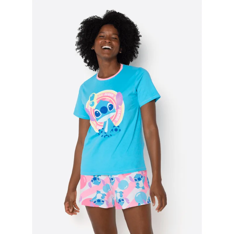 Pijama Manga Curta Algodão Feminino Stitch GG