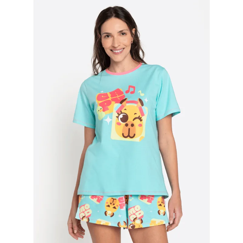 Pijama Manga Curta Algodão Feminino Capivara Vibes GG