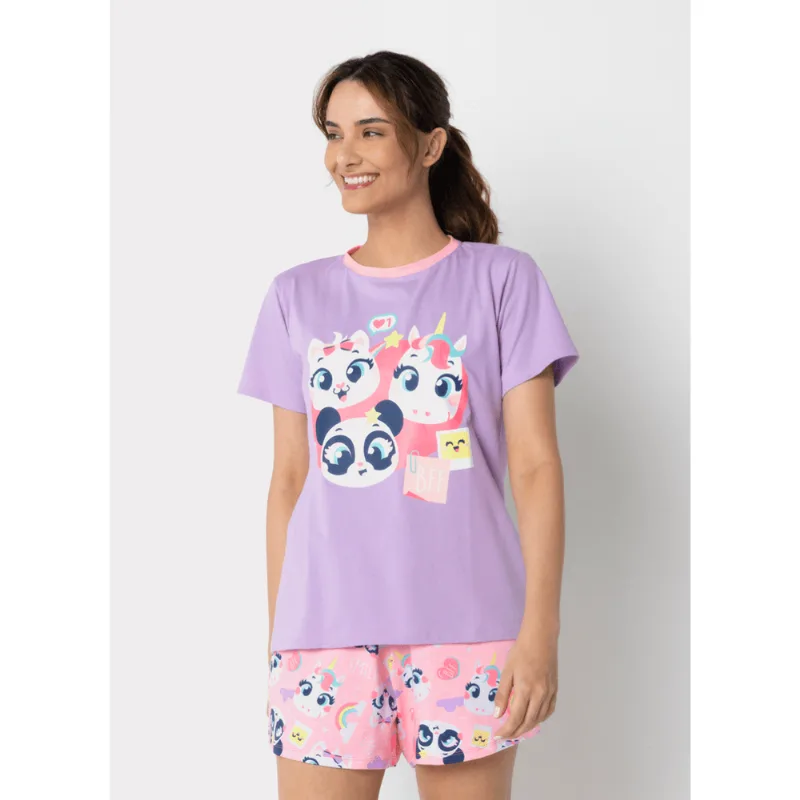 Pijama Manga Curta Algodão Feminino Multibichos G