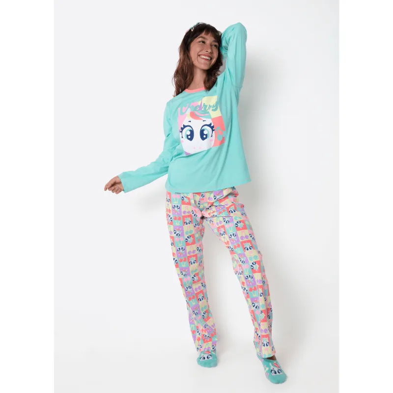Pijama Manga Longa Algodão Feminino Unicórnio Cherry PP