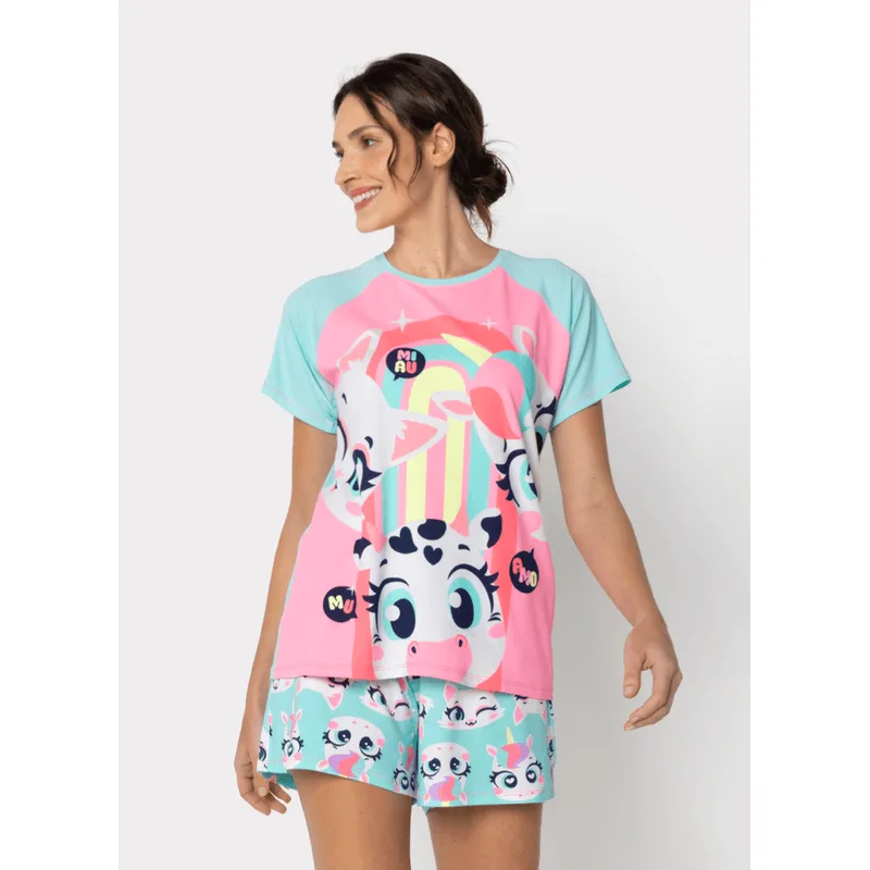 Pijama Manga Curta Viscolycra Feminino Multibichos Best Friend P