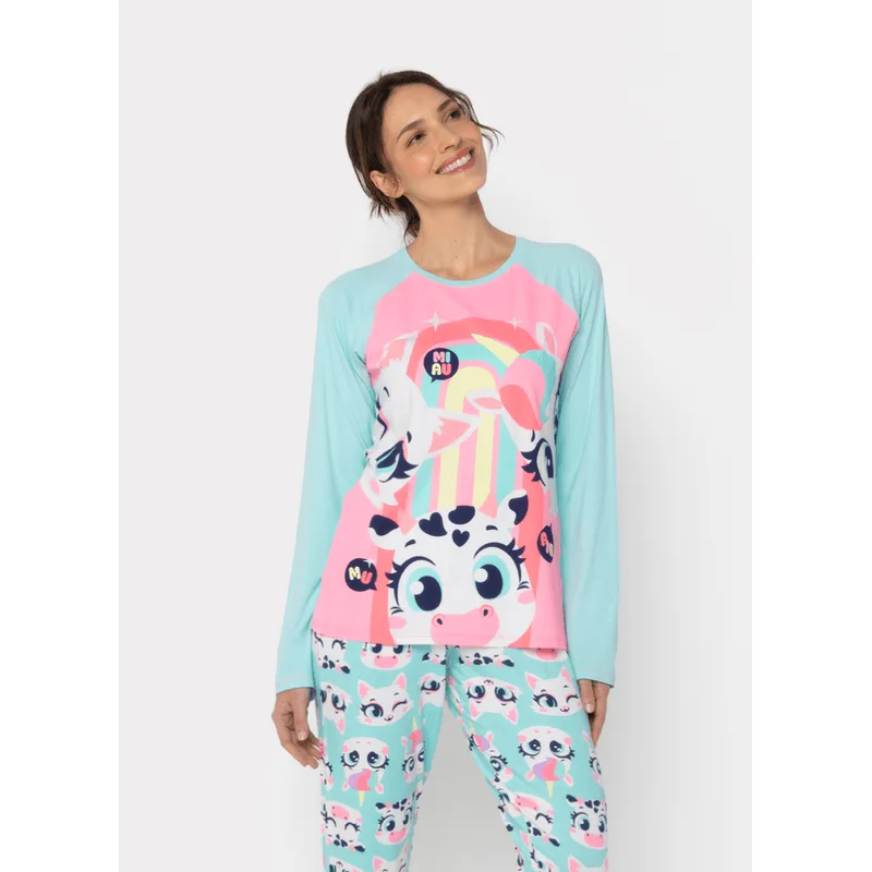 Pijama Manga Longa Viscolycra Feminino Multibichos Best Friend G