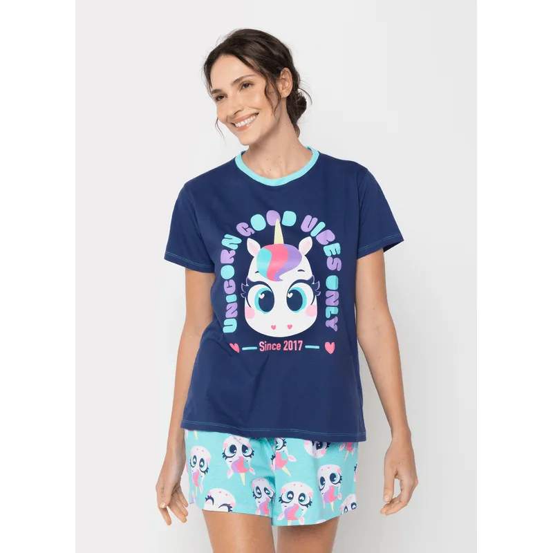 Pijama Manga Curta Algodão Feminino Unicórnio G