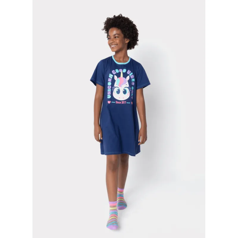 Camisola Manga Curta Algodão Menina Teen Unicórnio 8