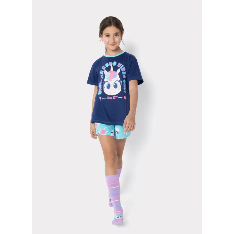 Pijama Manga Curta Algodão Menina Teen Unicórnio 10