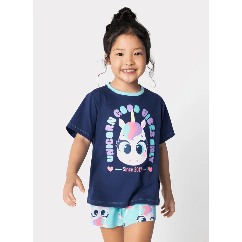 Pijama Manga Curta Algodão Menina Unicórnio 2