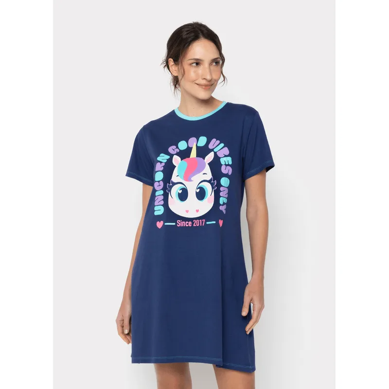 Camisola Manga Curta Algodão Feminina Unicórnio PP