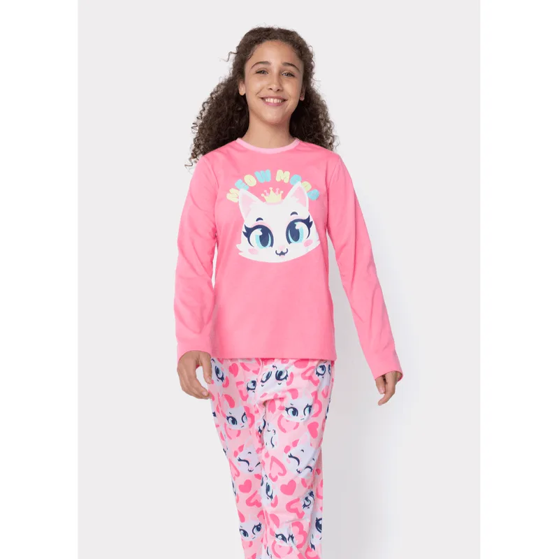 Pijama Manga Longa Algodão Menina Teen Gata 8