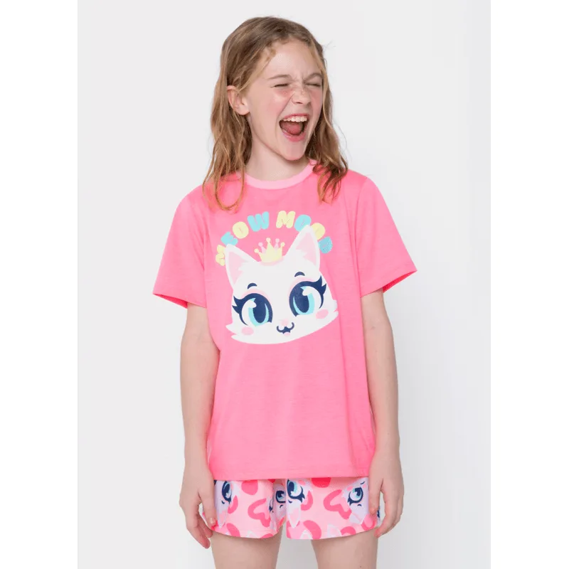 Pijama Manga Curta Algodão Menina Teen Gata 8