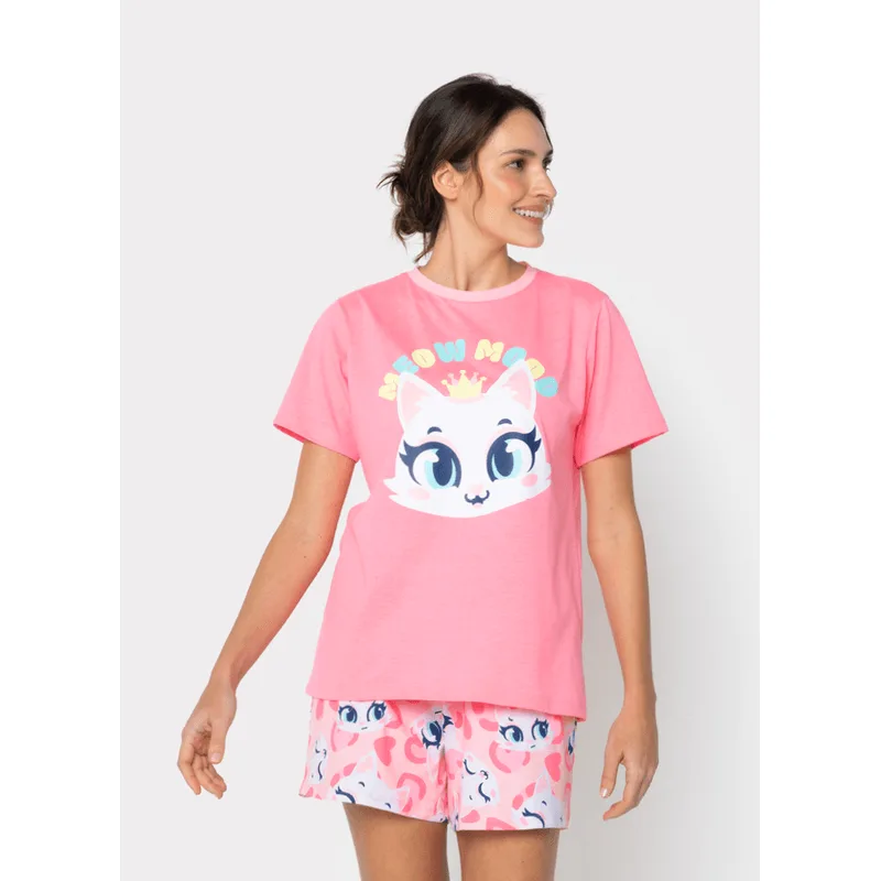 Pijama Manga Curta Algodão Feminino Gata GG