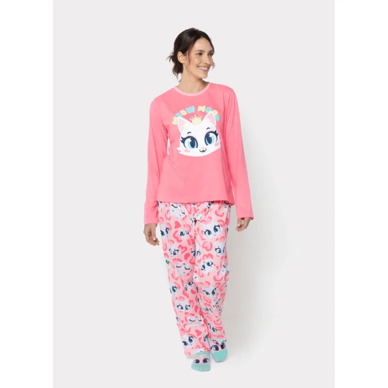 Pijama Manga Longa Algodão Feminino Gata P