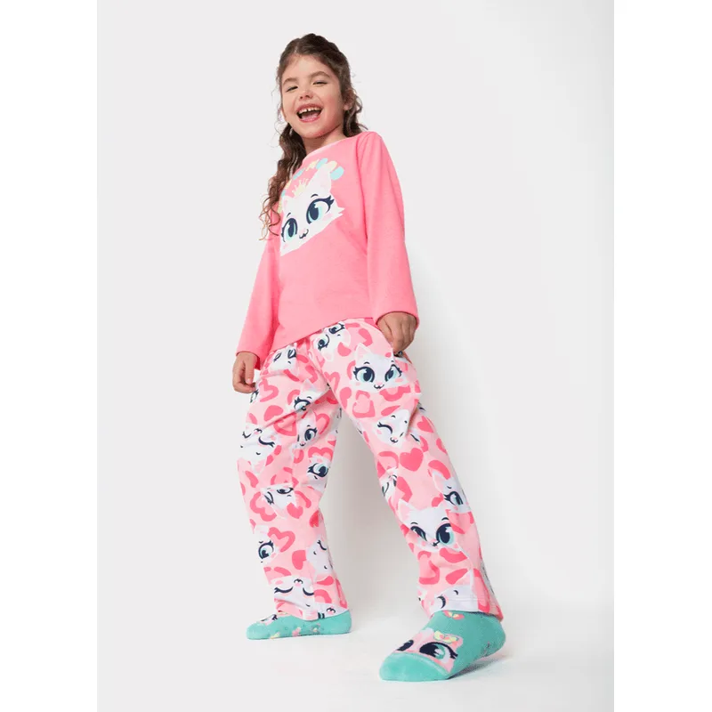 Pijama Manga Longa Algodão Menina Gata 4