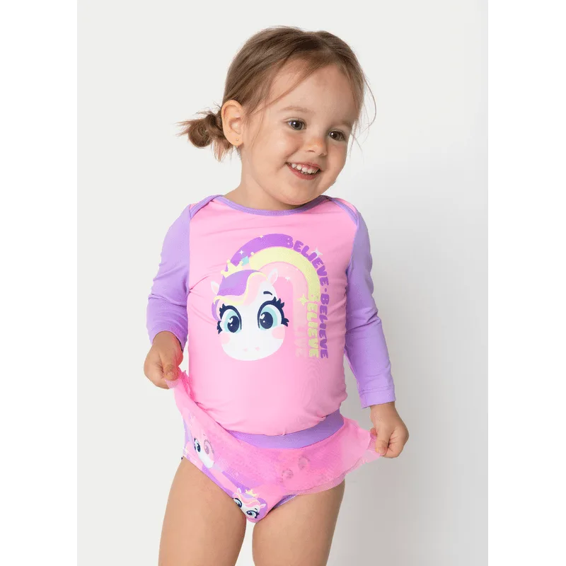 Conjunto Camiseta e Calcinha com Proteção Solar Bebê Menina Unicórnio Diamante 9 A 12 MESES