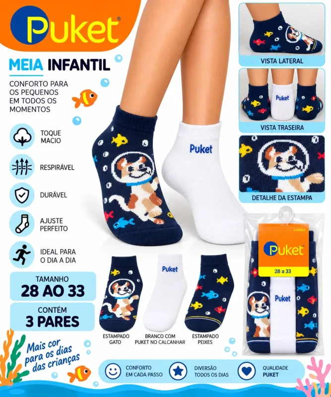 Meia Infantil Puket ? Kit 3 Pares Tamanho 28 ao 33