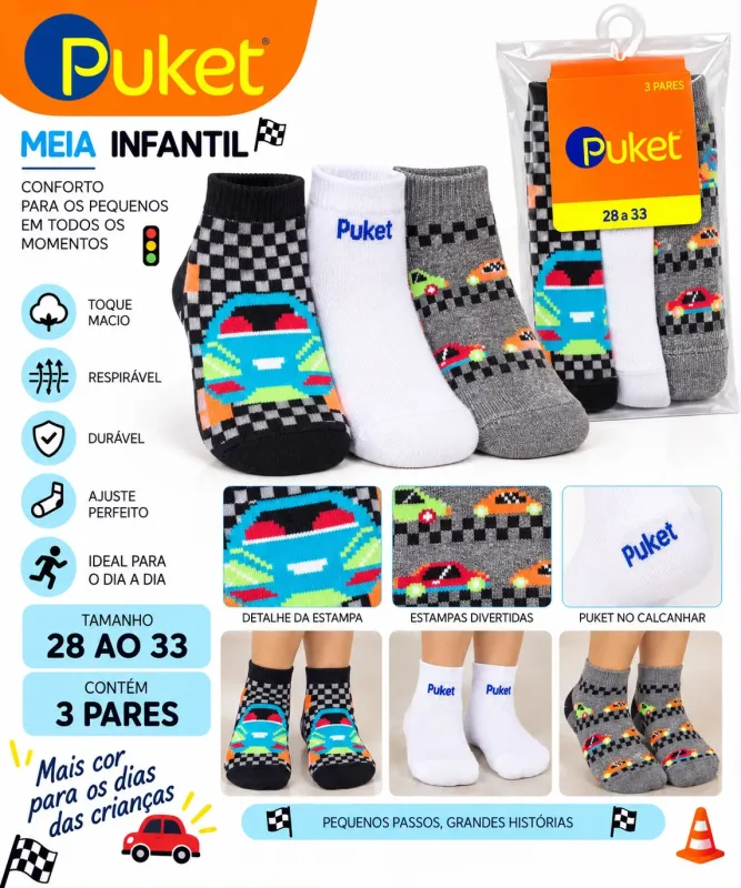 Meia Infantil Puket ? Kit 3 Pares Tamanho 28 ao 33