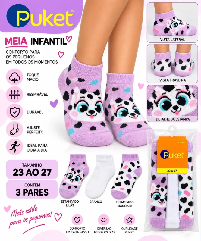 Meia Infantil Puket Kit 3 Pares Tamanho 23 ao 27