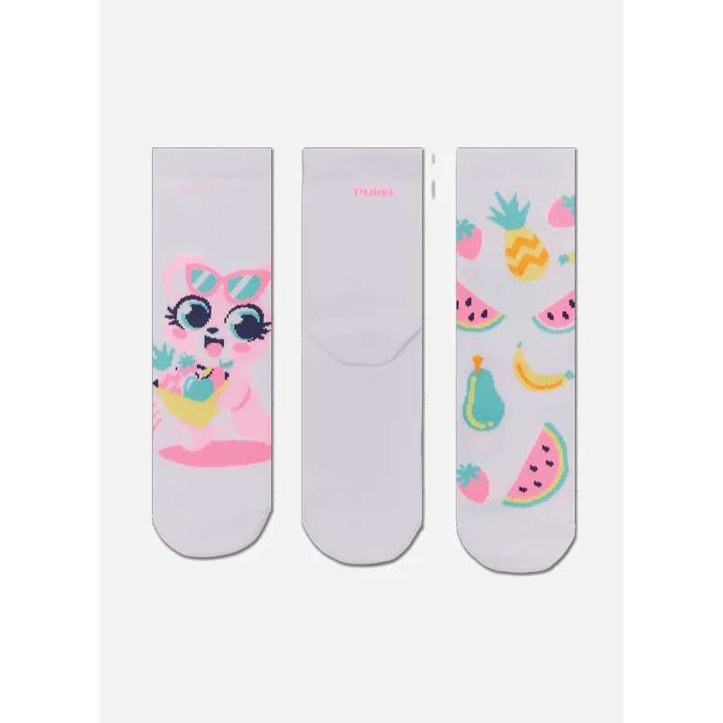 Kit com 3 Meias Cano Médio Menina Urso Frutas 23 A 27