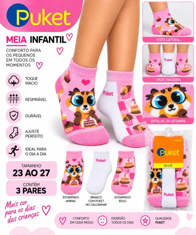 Meia Infantil Puket Kit 3 Pares Tamanho 23 ao 27