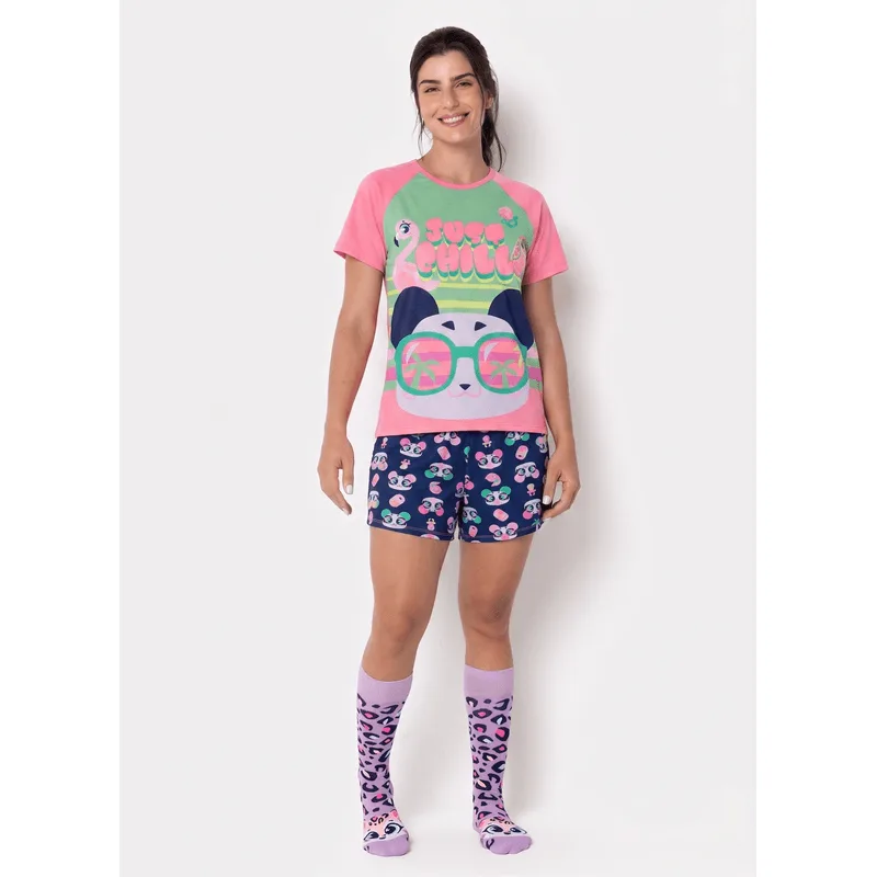 Pijama Manga Curta Viscolycra Feminino Panda Miami M