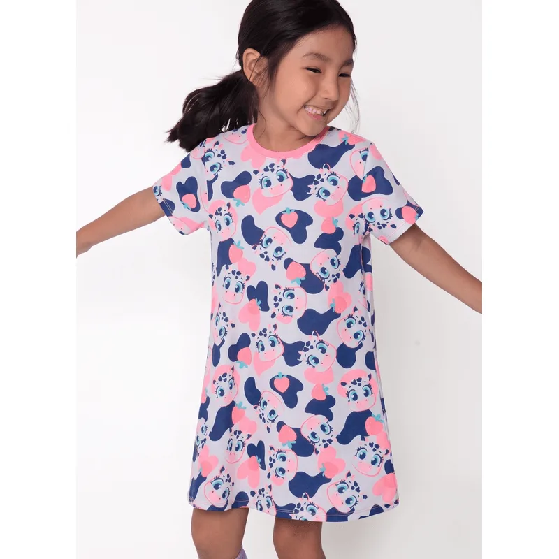 Camisola Manga Curta Algodão Menina Vaca Romântica 6