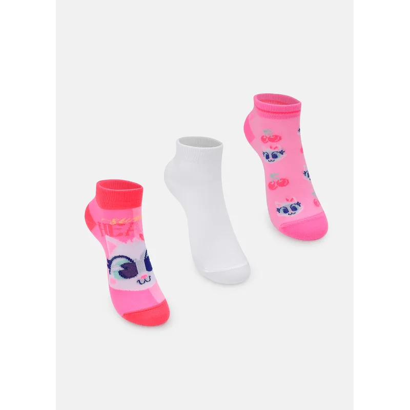 Kit com 3 Meias Cano Curto Menina Gata Cereja 23 A 27