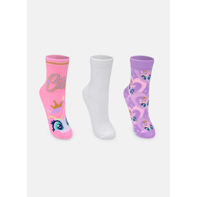 Kit com 3 Meias Cano Médio Feminino Unicórnio Diamante 34 A 39