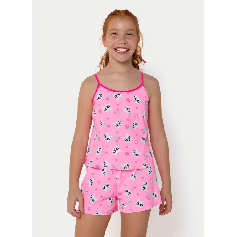 Pijama Regata Microfibra Menina Teen Gata Romântica 14