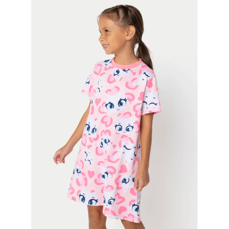 Camisola Manga Curta Algodão Menina Gata Cereja 6