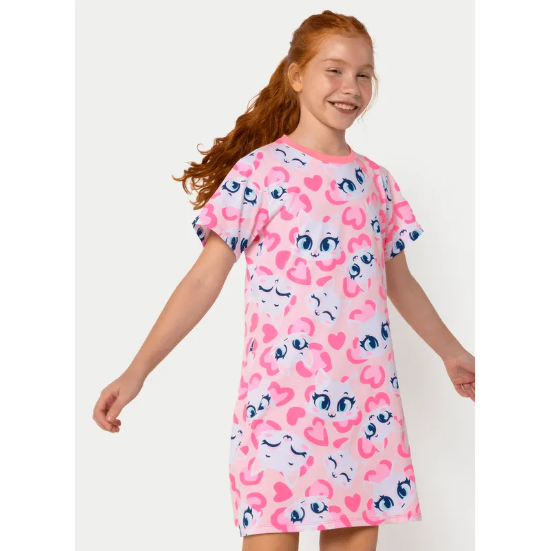 Camisola Manga Curta Algodão Menina Teen Gata Romântica 14