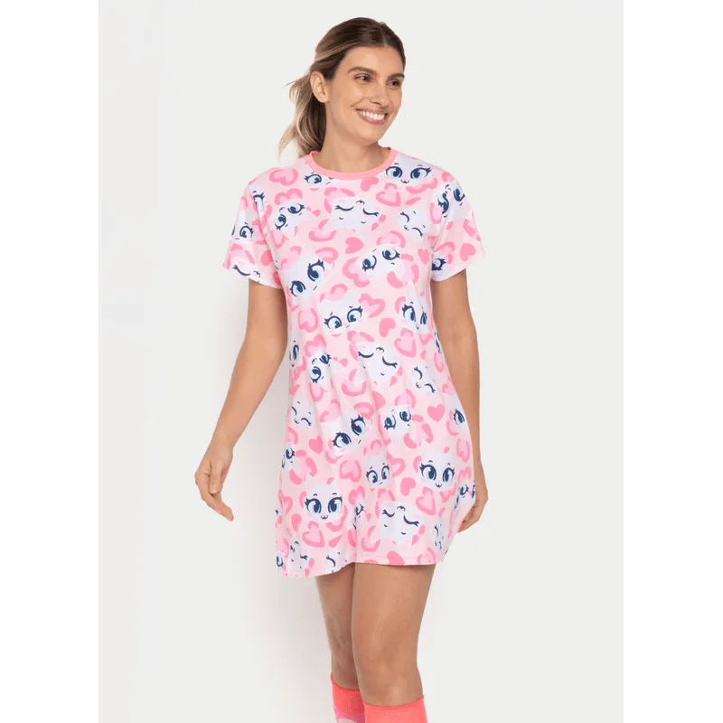 Camisola Manga Curta Algodão Feminina Gata Cereja M