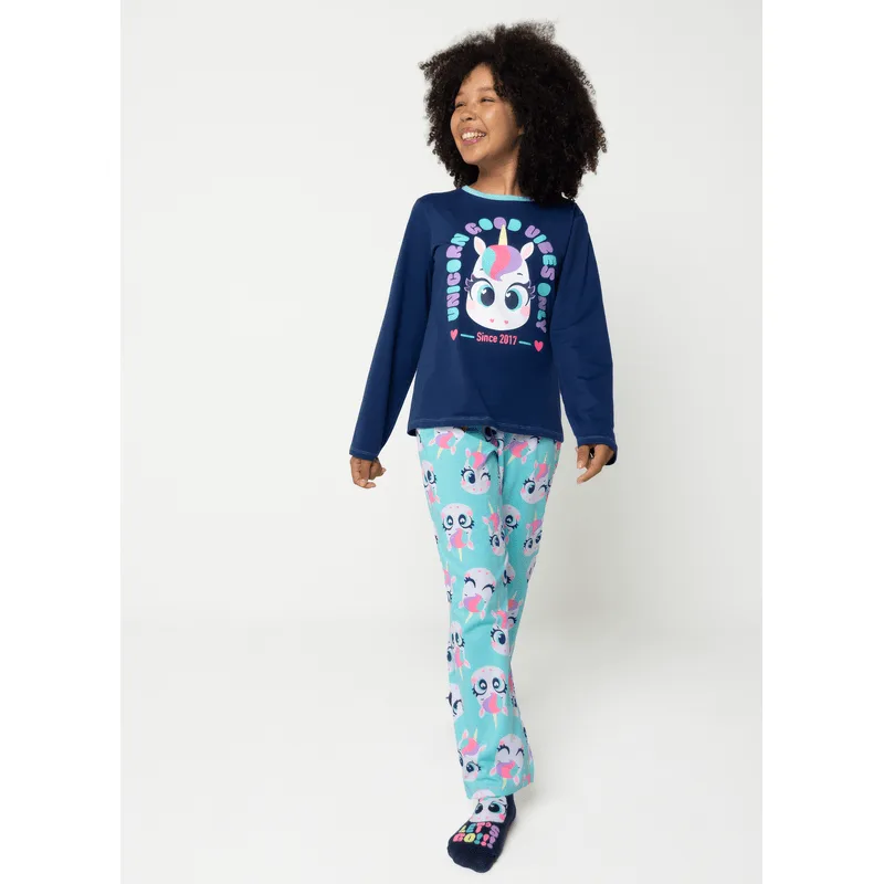 Pijama Manga Longa Algodão Menina Teen Unicórnio 10