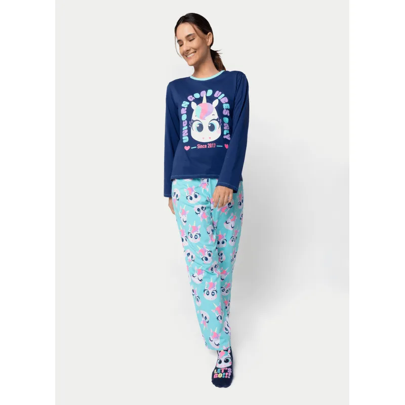 Pijama Manga Longa Algodão Feminino Unicórnio M