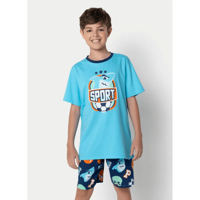 Pijama Manga Curta Algodão Menino Teen Tubarão Futebol 14