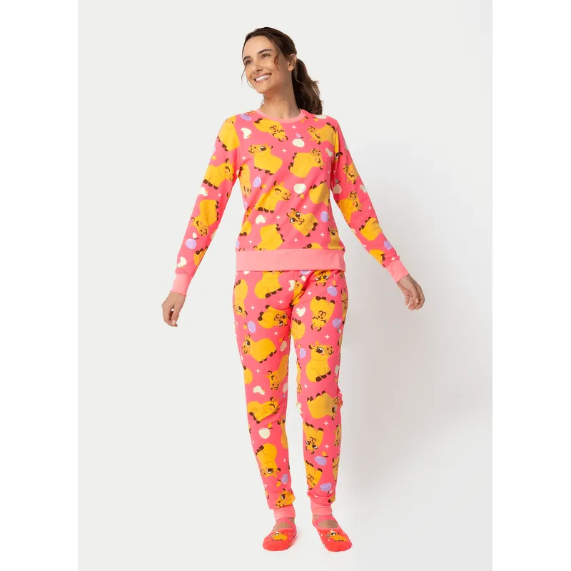 Pijama Manga Longa Moletinho Feminino Capivara Chocolate GG