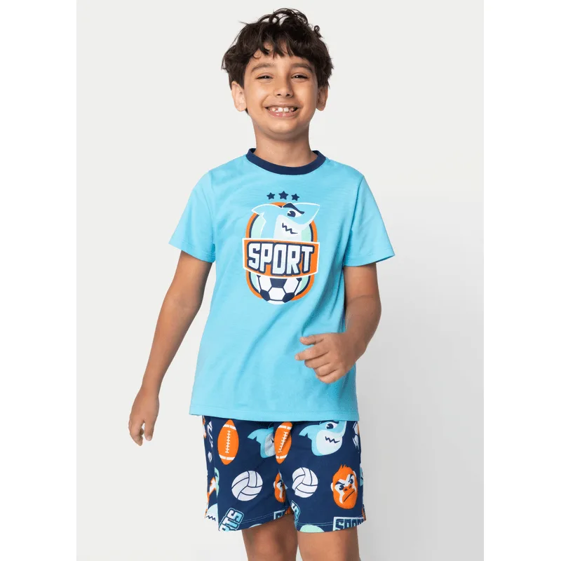 Pijama Manga Curta Algodão Menino Tubarão Futebol 4
