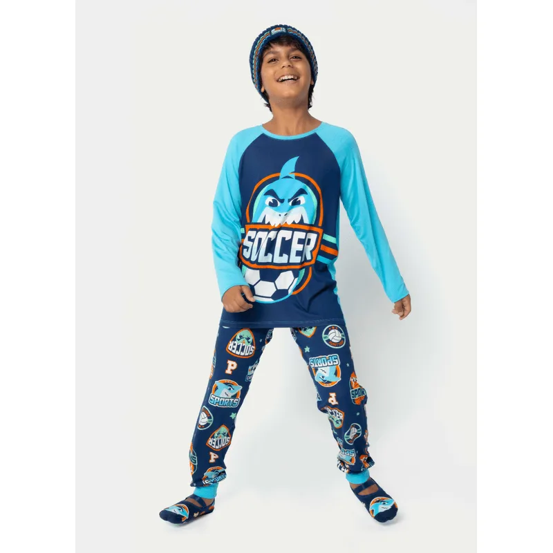 Pijama Manga Longa Viscolycra Menino Teen Tubarão Futebol 14