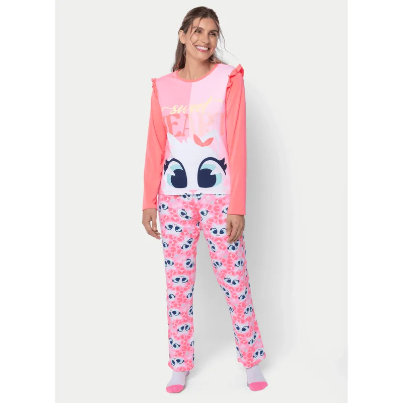 Pijama Manga Longa Viscolycra Feminino Gata Cereja G