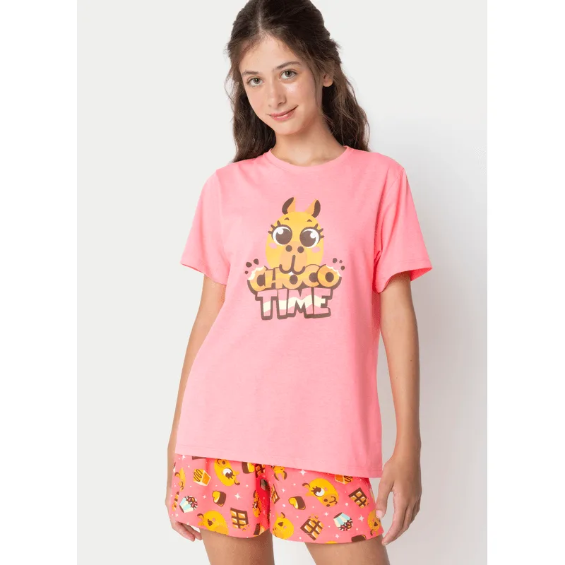 Pijama Manga Curta Algodão Menina Teen Capivara Chocolate 14